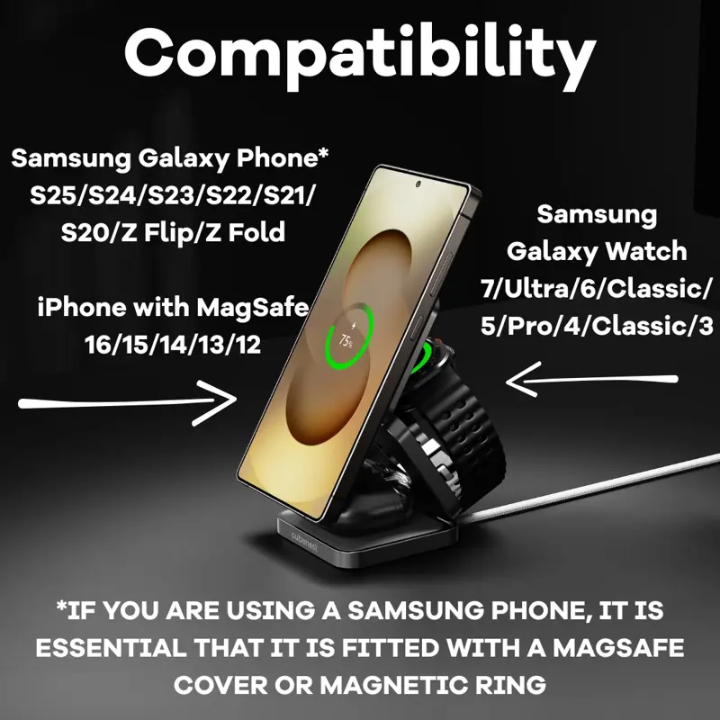 Cubenest Qi2 3in1 Foldable Magnetic Wireless Charger SQS312 Pro Samsung Watch