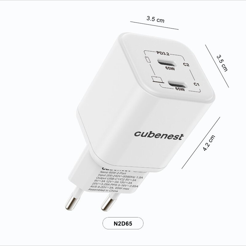 Cubenest PD GaN Nano Adapter 2xUSB-C 65W N2D65