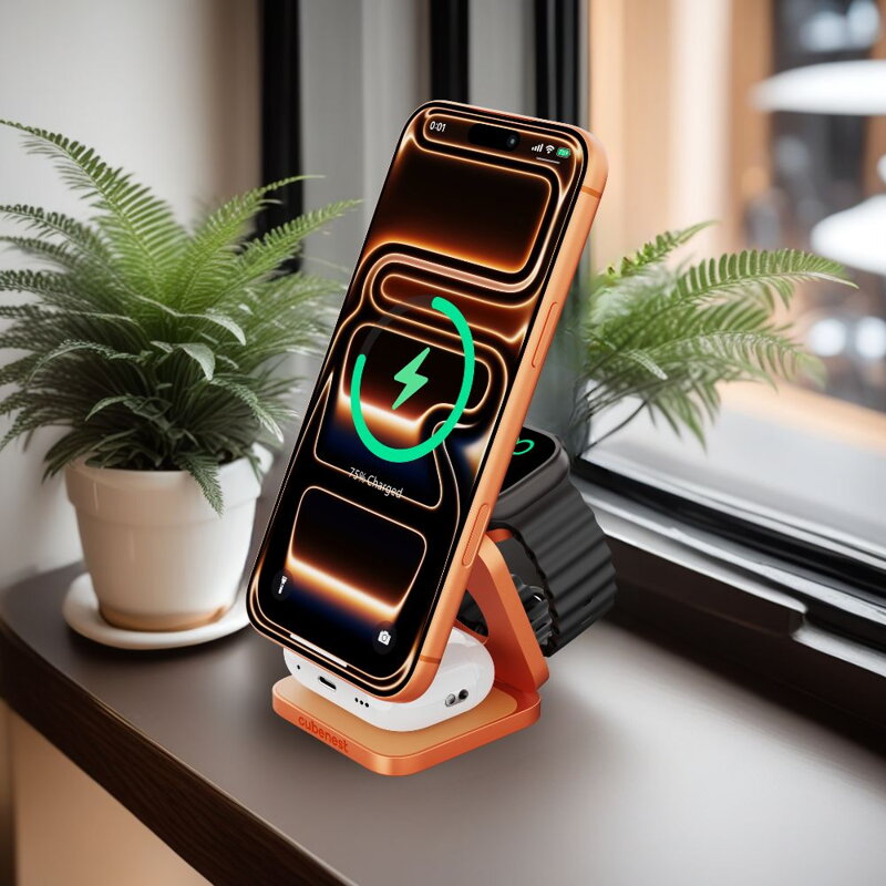 Cubenest Qi2.2 3in1 Foldable Magnetic Wireless Charger SQ312 Ultra orange