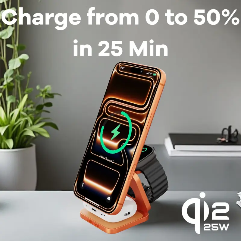 Cubenest Qi2.2 3in1 Foldable Magnetic Wireless Charger SQ312 Ultra orange